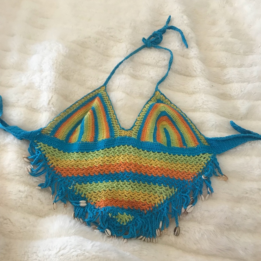 OS Crochet shell bead tie halter top